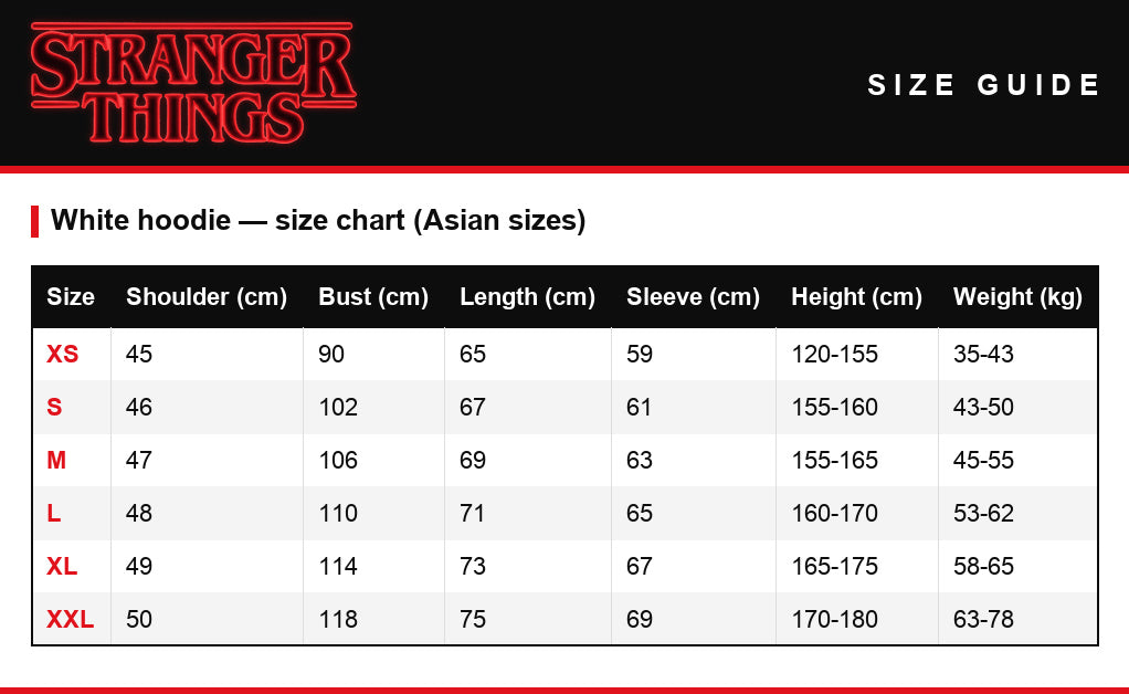 Size guide – White Stranger Things hoodie Demogorgon poster