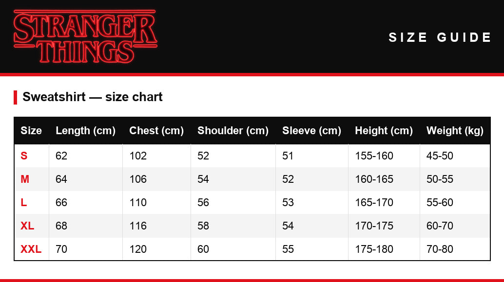 Size guide – Sweater Stranger Things Hawkins High School 1983