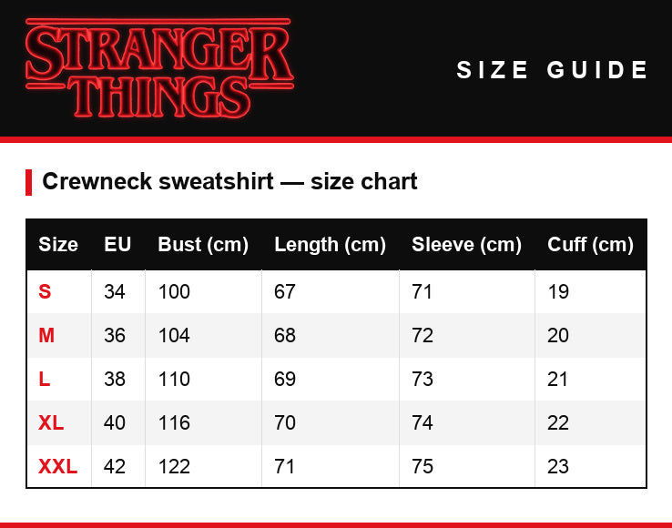 Size guide – Stranger Things crewneck sweatshirt The Upside Down cult objects