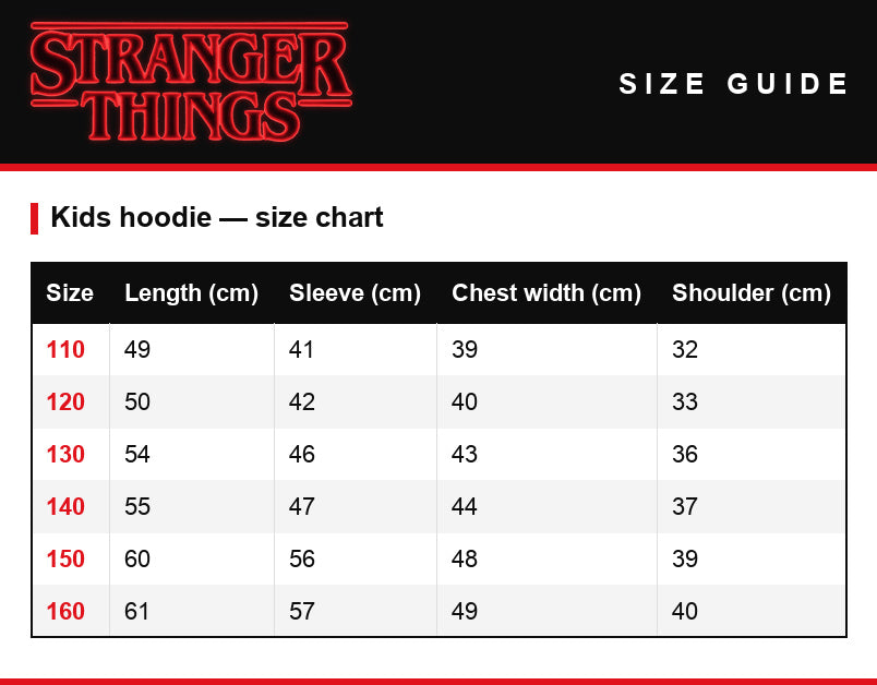 Size guide – Kids' sweater Stranger Things Hawkins Adventure Club
