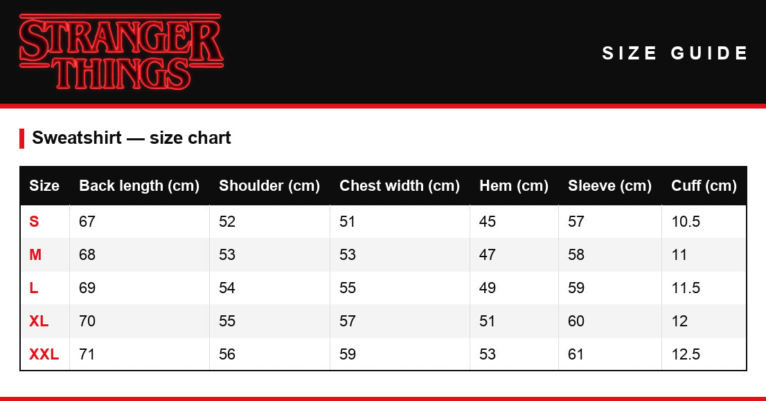 Size guide – Teddy jacket Stranger Things Hawkins High basketball