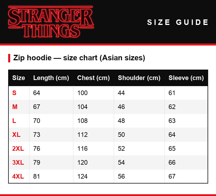 Size guide – Zip sweatshirt Stranger Things Demogorgon Live