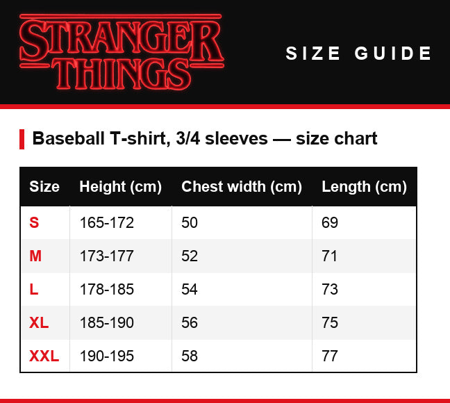 Size guide – Men's 3/4-sleeve baseball T-shirt Stranger Things Stranger Kittens