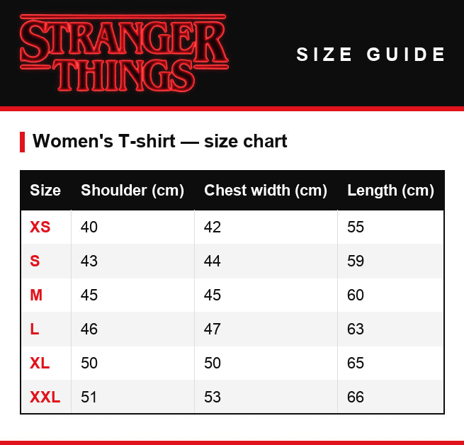 Size guide – Women's T-shirt Stranger Things Demogorgon Hunter Hawkins Heroes