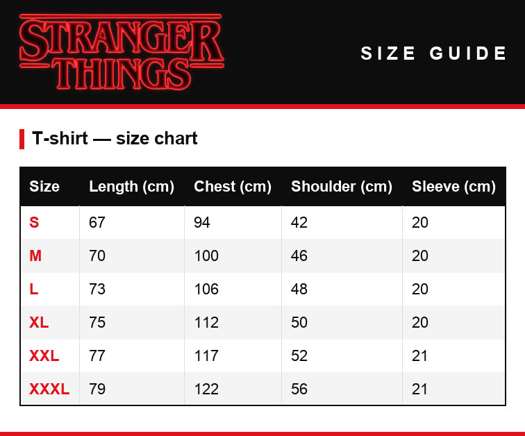 Size guide – Men's T-shirt Stranger Things Hawkins Middle School 1983