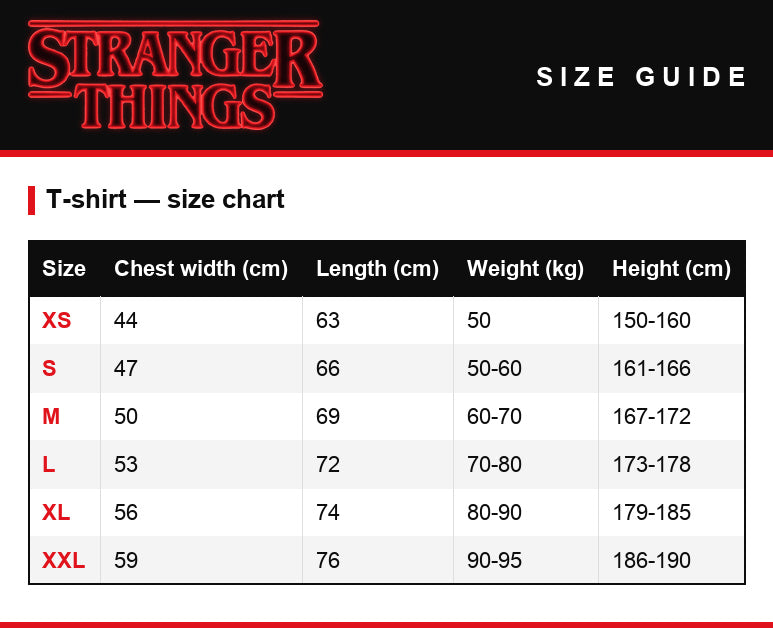 Size guide – Men's T-shirt Stranger Things Demogorgon Live Hawkins