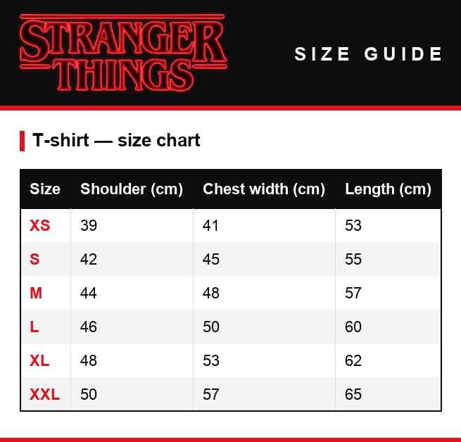 Size guide – Women's T-shirt Stranger Things Upside Down Nature Reserve