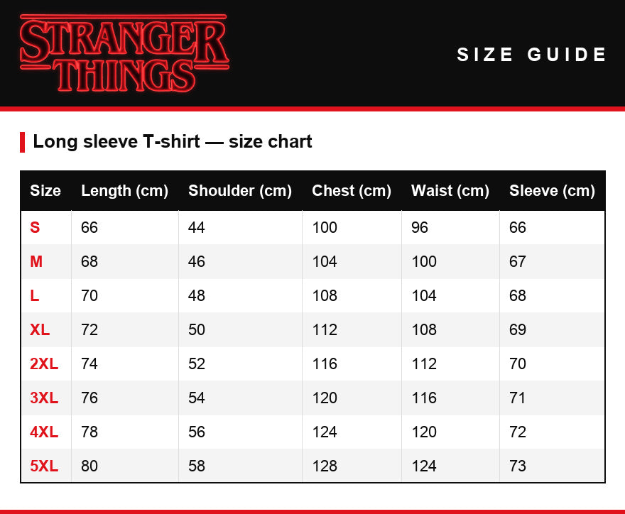 Size guide – Men's long-sleeve T-shirt Stranger Things Hellfire Club