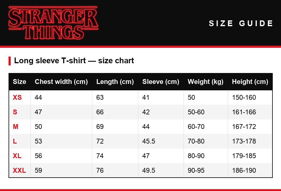 Size guide – Men's T-shirt Stranger Things alphabet wall lights