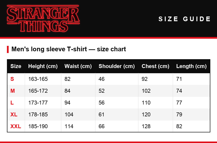 Size guide – Men's long-sleeve T-shirt Stranger Things sketch of the Demogorgon