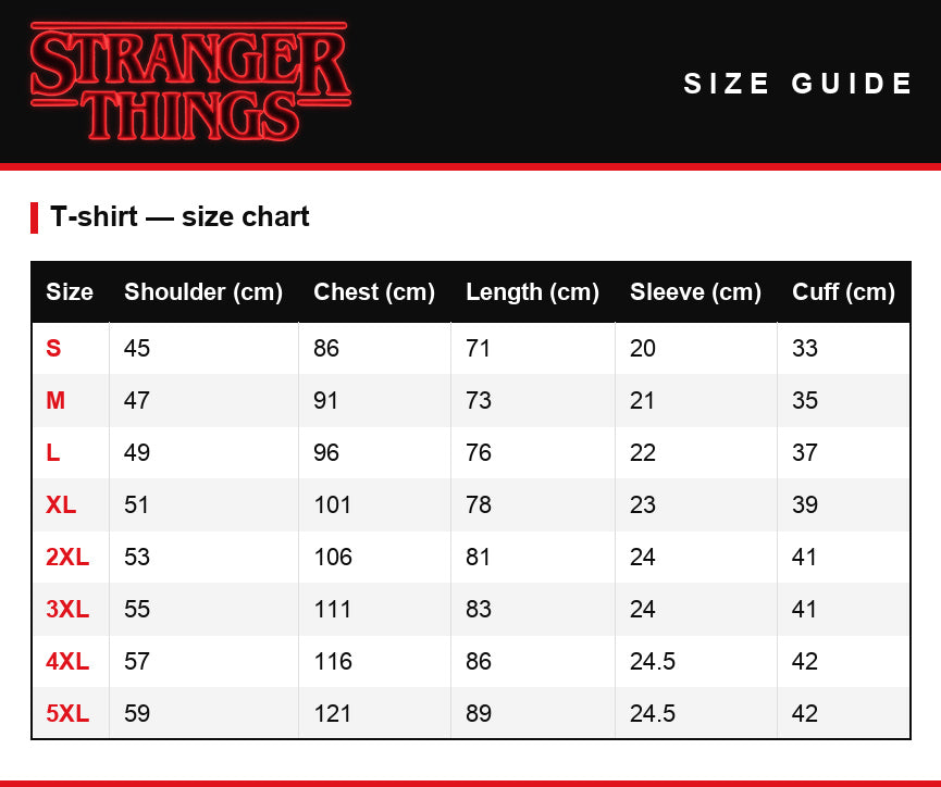 Size guide – Women's T-shirt Stranger Things Max's Mixtape