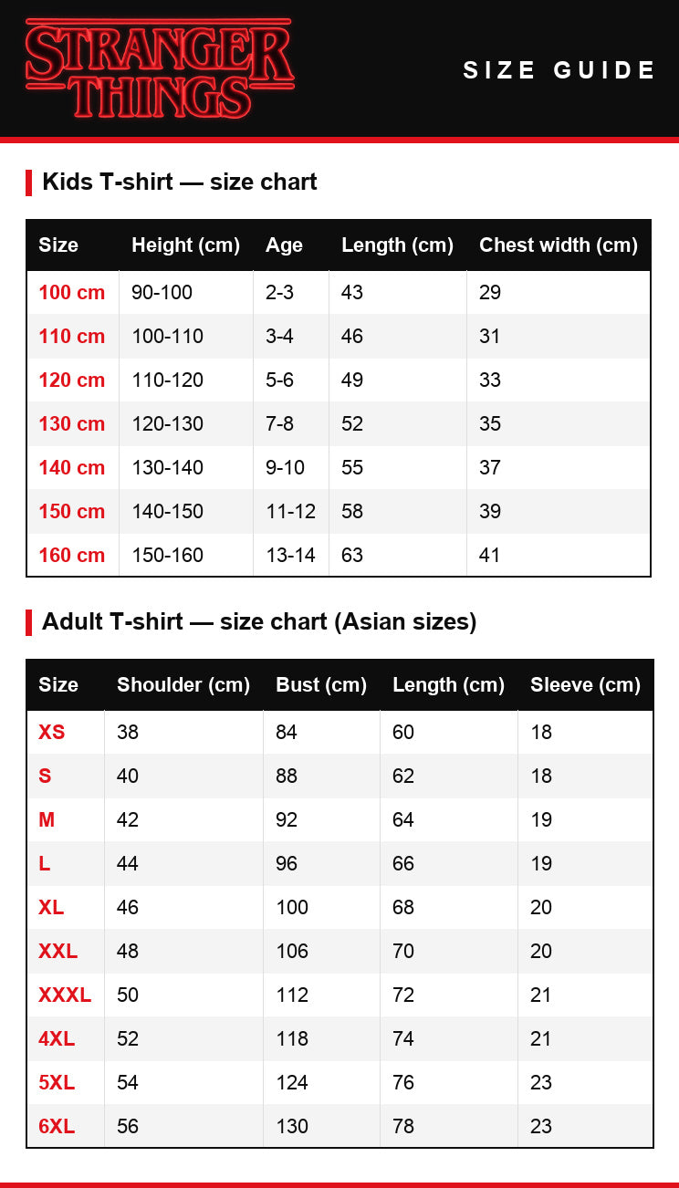 Size guide – Stranger Things Surfer Boy Pizza T-Shirt Yellow Kids and Adults