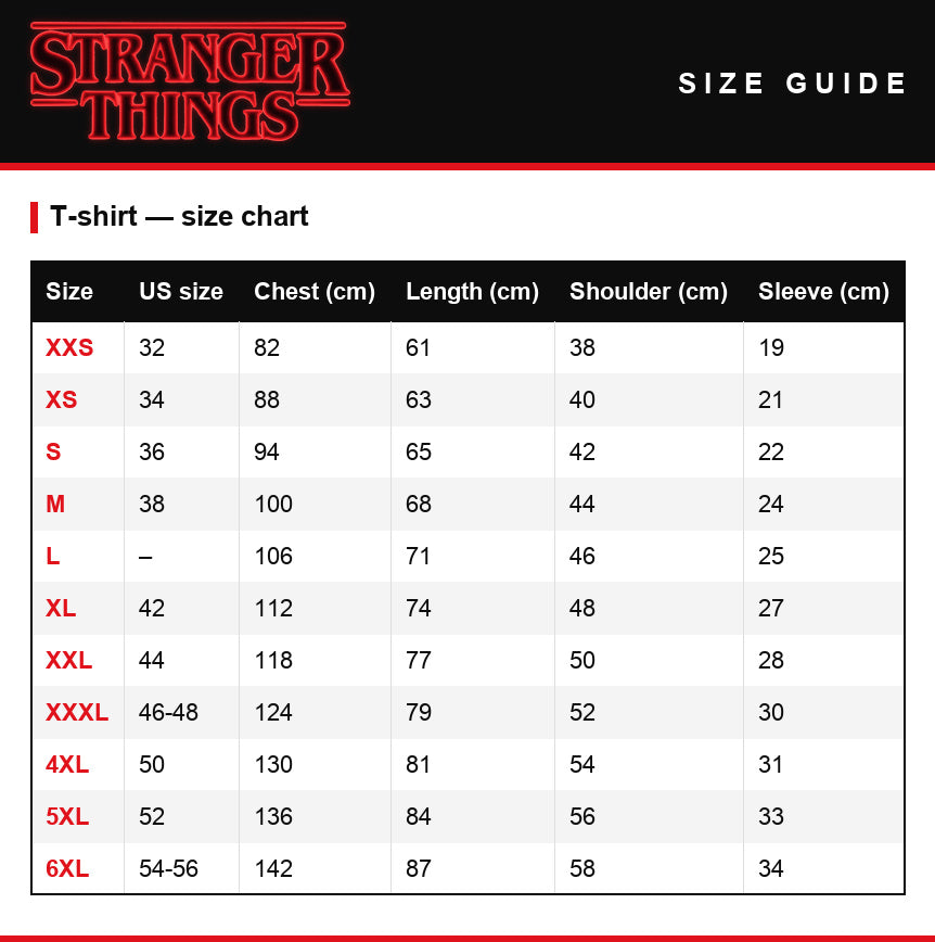 Size guide – Men's T-shirt Stranger Things Hawkins Gaming Club