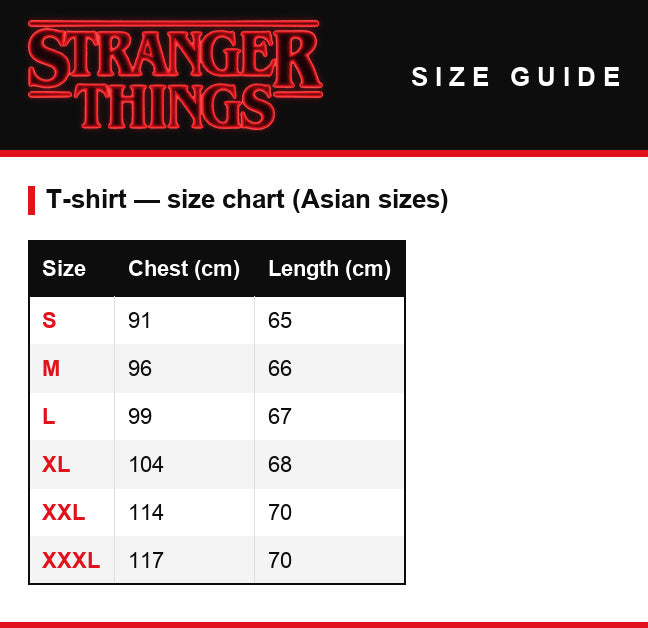 Size guide – Men's T-shirt Stranger Things WSQK The Squawk 94.5 FM