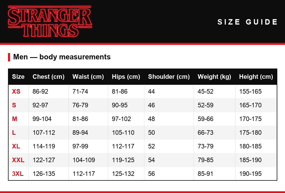 Size guide – Scoops Ahoy uniform Stranger Things men's and boys' complete