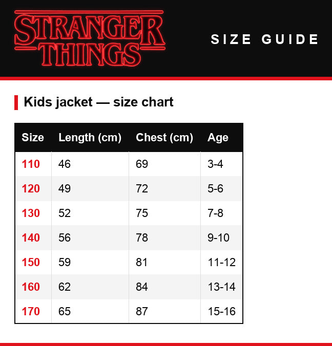 Size guide – Kids' track jacket Stranger Things Max Mayfield