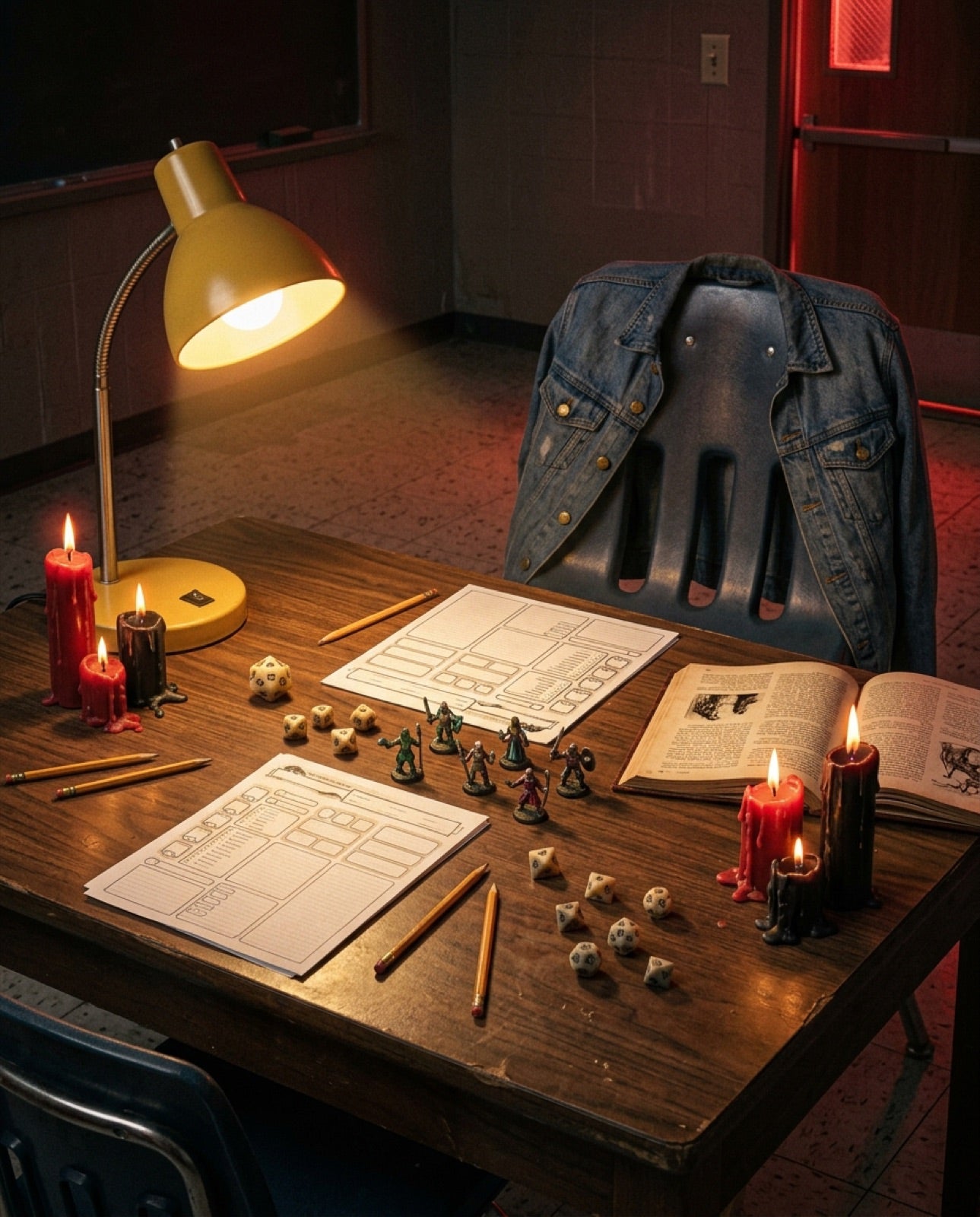 Tabletop session in an 80s classroom: dice, painted figures, character sheets and candles under a desk lamp, denim jacket on the chair