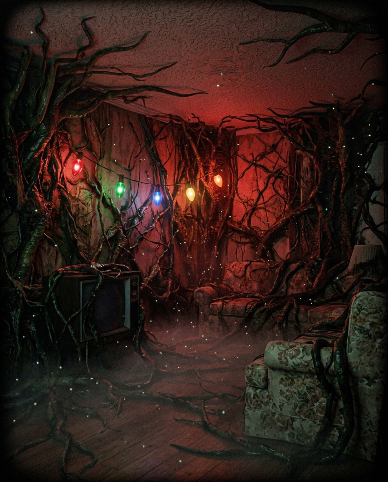 80s living room taken over by dark vines and spores, old TV and floral armchairs under colored string lights and a red glow